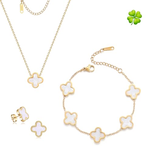 Lucky Clover Sets,18K Gold Plated Four Leaf Bracelet,Clover Necklace Pendant,Clover Earrings for Women Flower Link Bracelets Set Jewelry Gifts for Women