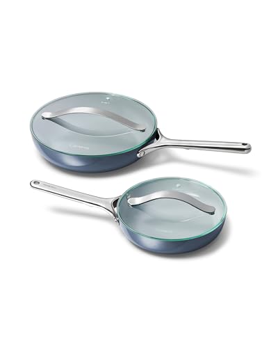 Image of Caraway Ceramic Fry Pan Duo with Glass Lids - Non-Stick Frying Pans (10.5 inch & 8 inch) - Non Toxic, PTFE & PFOA Free - Oven Safe & Compatible with All Stovetops - Navy