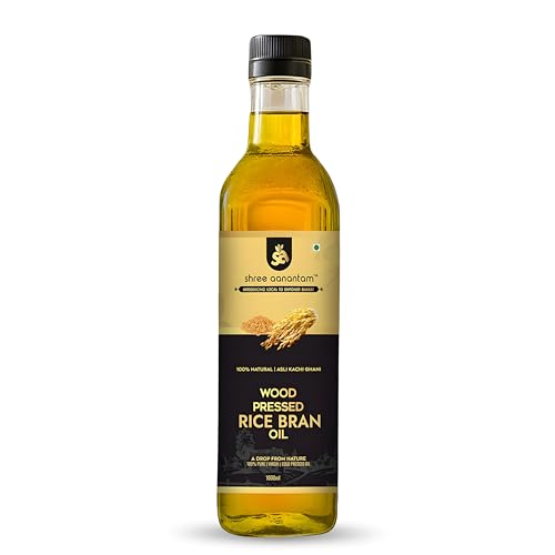 Shree Aanantam Cold Pressed Rice Bran Oil - 500ml | Bottle | Kolhu/Kacchi Ghani/Chekku | 100% Pure & Natural | Chemical Free | Wood Pressed Rice Bran Oil for Cooking (500ml (Pack of 1)