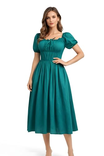 Image of BOOSTY Women's Puff Sleeve Smocked Midi Dress, Square Neck A-Line Dress