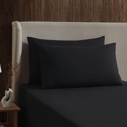 Image of Nestl Split King Bed Sheet Set - Black - 5-Piece Deep Pocket | Instantly Soft, Night-One Ready (No Wash Required). Fits 16-Inch Deep Pockets, 360-Degree Elastic Grip