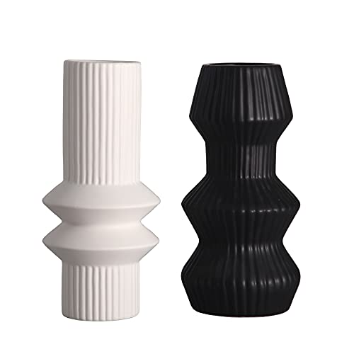 TERESA’S Collections Modern Geometric Ceramic Vase for Home Decor, Black and White Decorative Vase for Fireplace, Flower Vases for Dining Table, Living Room, Mantel, Shelf, 8 inch Set of 2 Small Vase