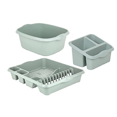 JMS we create smile Plastic Large Kitchen Sink Set of 3 Rectangular Washing Up Bowl Sink Tidy and Large Dish Drainer (Silver Sage)