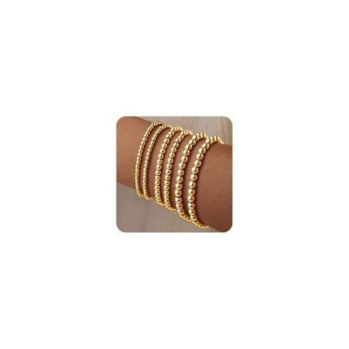 Gold Bracelet for Women Waterproof 14K Gold Plated Gold Bead Ball Bracelet Trendy Stretchable Elastic Hypoallergenic Bohemian Stackable Bracelet Stack Jewelry