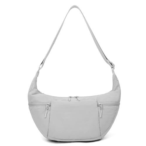 VONAL Nylon Crescent Crossbody Bag, Sloughy Shoulder Hobo Bag for Women Men, Lightweight Dumpling Sling Bag Purse with Adjustable Stap 4 Zippers & Dual Side Pockets (Light Gray)