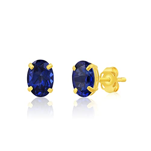 14K Yellow Gold 7x5mm Oval Cut Lab Created Blue Sapphire Stud Earrings