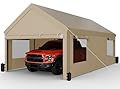 JAMFLY Carport, 12x20 ft Heavy Duty Carport with Roll-up Windows, Portable Garage with Removable Sidewalls & Doors, Car Canopy with Sandbags and All-Season Tarp for Car Boat Truck Motorcycle