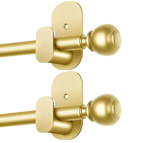 2 Pack Gold Curtain Rods for Windows No Drilling 16 to 30 inch, USFOOK 5/8 Inch No Drill Curtain Rod with 3M Adhesive Brackets, Apartment Friendly Drapery Rods with Round Finials