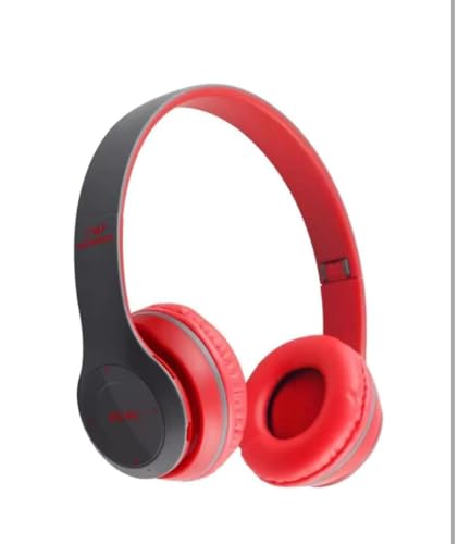 JPGC Wireless Bluetooth Headphones, P47 Over-Ear Headset with Extra Bass, Foldable Design, Soft Memory Protein Earmuff, Bluetooth 5.0, FM Radio, SD Card Support, AUX Input, Black (Red)