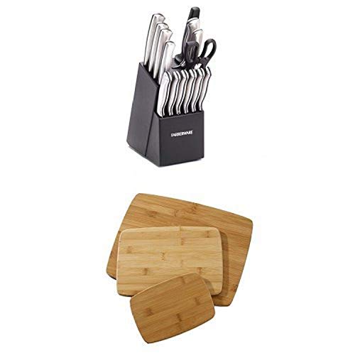 Farberware 15-Piece Stamped Stainless-Steel Cutlery Set and Classic 3-Piece Bamboo Cutting Board Set Bundle