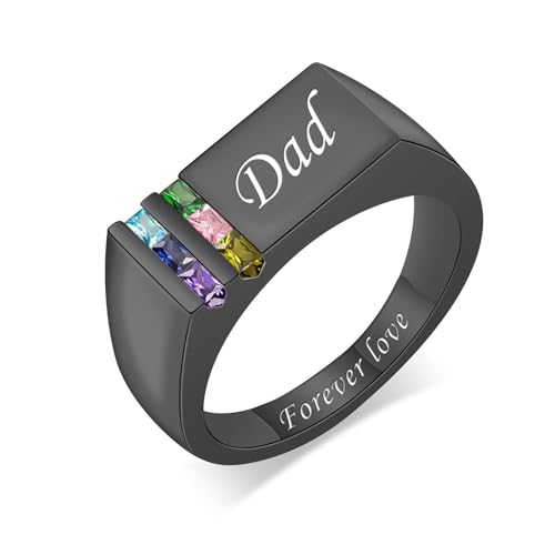 Personalized Mens Engraved Name Rings for Dad 1-8 Birthstone Custom Father Ring Family Ring Fathers Day Jewelry Gift for Husband Grandpa Birthday Christmas Anniversary