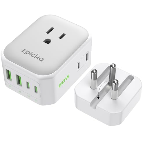 EPICKA Thailand Travel Plug Adapter, Foldable & Detachable Type O (Thailand) VisaPlug, 8-in-1 International Power Adapter with 4 USB Ports (2 USB-C PD 20W), Cruise Approved, US to Thailand, White