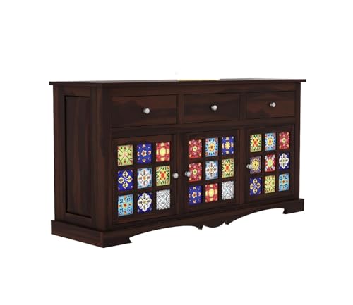Image of Solid Sheesham Wood Cabinet Sideboard Wooden Chest of Drawer with 3 Drawers and 3-Door Storage for Living Room (Joe)