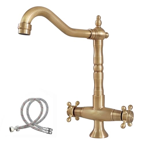 NIUKOMY Retro Grifo Cocina Fregadero de Bronce, Grifería Lavabo Latón Antiguo con Doble Maneta, Vintage 360° Giratorio Mezclador Cobre de Baño de Agua Caliente y Fría