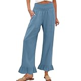 Kenvina Palazzo Pants for Women Linen Smocked Elastic Waist Ruffle Wide Leg Pants Summer Beach Flowy Boho Pant with Pockets（1-Light Blue,Small）