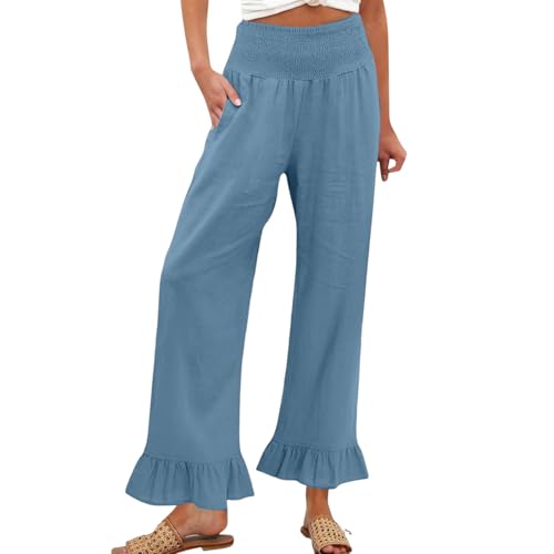 Kenvina Palazzo Pants for Women Linen Smocked Elastic Waist Ruffle Wide Leg Pants Summer Beach Flowy Boho Pant with Pockets（1-Light Blue,Small）