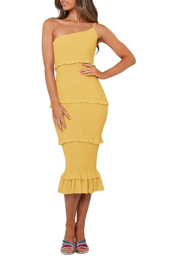 Image of PRETTYGARDEN Women's Summer Midi Bodycon Dresses One Shoulder Strappy Tiered Ruffle Floral Boho Sun Dress