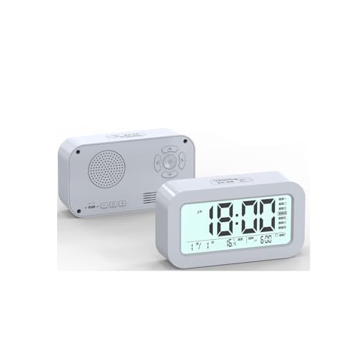 WEYIMVTO Reloj Despertador Digital LED Despertador de Viaje LED con Altavoz Inteligente Bluetooth, Reloj Despertador Digital sin tictac, Reloj de Noche con Temperatura y función de repetición.(White)
