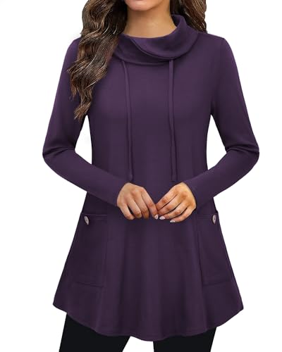 Bulotus Fall Sweaters for Women 2025 Cowl Neck Asymmetrical Long Tunics for Leggings Vacation Travel Tops with Pockets