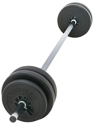 Langhantelset aus 1,6 m Hantelstange mit 25 kg Gewichten (2 x 2,5 kg, 4 x 5 kg) und Verschlüsse