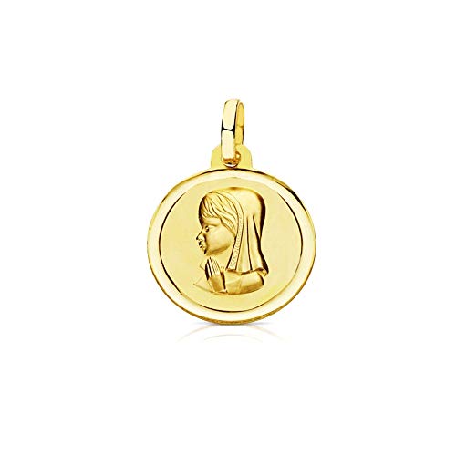 Medalla Virgen Niña oro 18k 16mm relieve colgante devoción tradicional