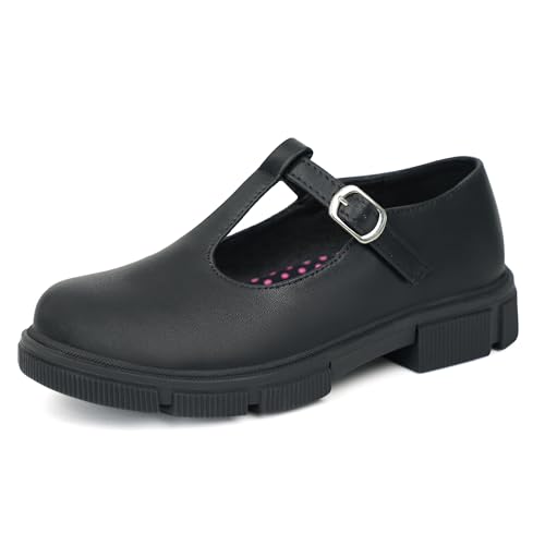JABASIC Girls School Uniform Dress Shoes T-Strap Mary Jane Flats (2,Black PU)