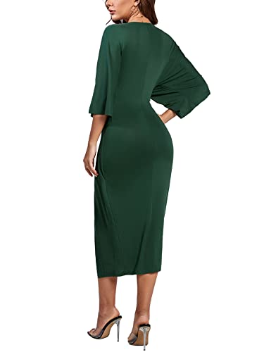 Lyaner 23-LYDS722320865DG1-L Women'S V Neck Wrap Twist Front Half Sleeve Split Hem Cocktail Party Bodycon Midi Dress Green Large thumb #1