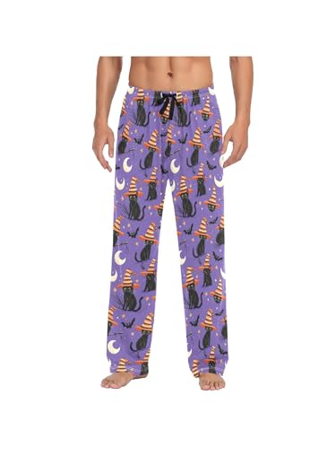 ZZKKO Pajamas Pants for Men Halloween Black Cat Bat Men's Pajama Bottoms 100% Cotton PJ Pants for Mens S