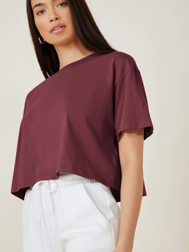 Image of KOTTY Women's Solid Cotton Blend Oversized Crop T-Shirt | Casual Summer Tee