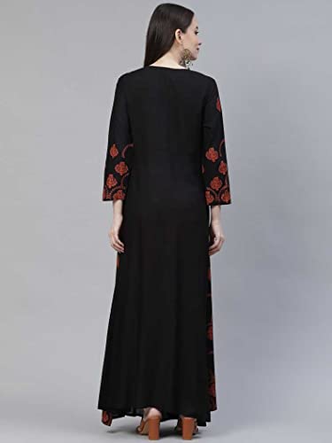 Image of Women's Floral Printed Anarkali Kurta Black Rayon A-Line Kurti for Girls