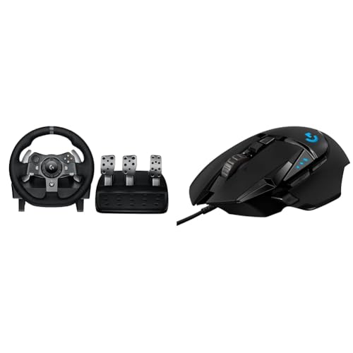 Logitech G G920 Driving Force Racing Wheel and Floor Pedals, Real Force Feedback & 02 HERO High Performance Wired Gaming Mouse, 25K Sensor, 25,600 DPI, RGB, Adjustable Weights