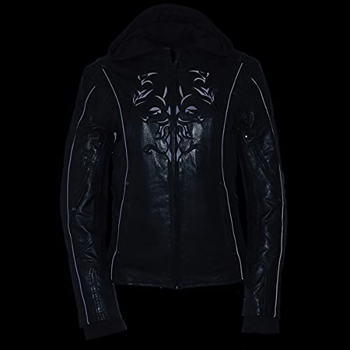Milwaukee Leather ML2066 Women's 3/4 Black Leather Hoodie Jacket with Reflective Tribal Design - Medium by Milwaukee Leather - Used condition - Image 6