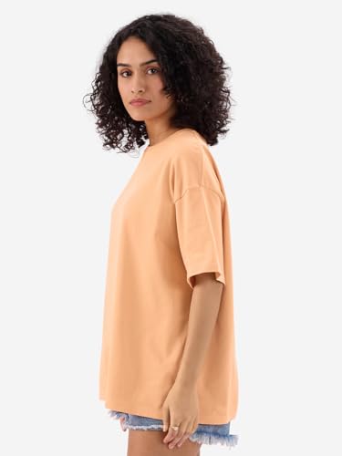 Image of The Souled Store Solids: Fuzzy Peach Women and Girls Short Sleeves Round Neck Cotton Oversized T-Shirts