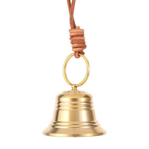 YBEATY Vintage Hanging Bell for Door Knob Small Gold Home Garden Christmas Decor Shopkeepers Bell on Leather Rope Outdoor Bells for Home Christmas Garden Decoration (Gold)
