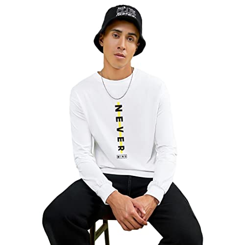 Image of Bewakoof Men's Never Mind Stripe Typography 100% Cotton T-Shirt- Oversized Fit, Round Neck, Long Sleeve