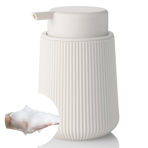 Image of YAUKPH Striped Foaming Hand Soap Dispenser with Leak-Proof Pump for Bathroom and Kitchen Countertop 11oz Beige