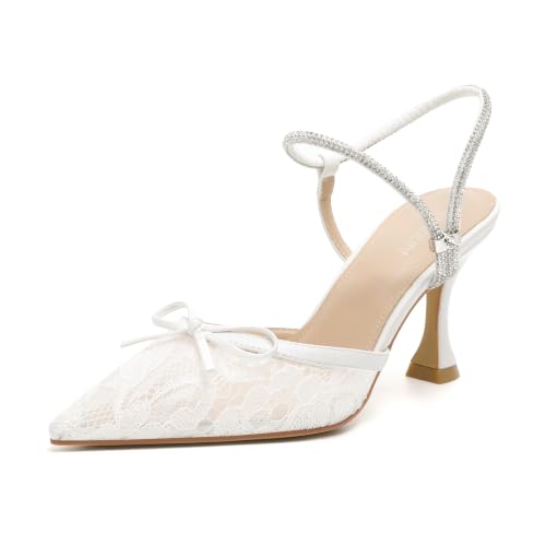 Image of Susanny Women's Closed Toe Rhinstone Wedding Low Heel Slingback Clear Kitten Heels,Adjustable Strap Pointed Toe Bow Pumps High Heeled Prom Dress Shoes
