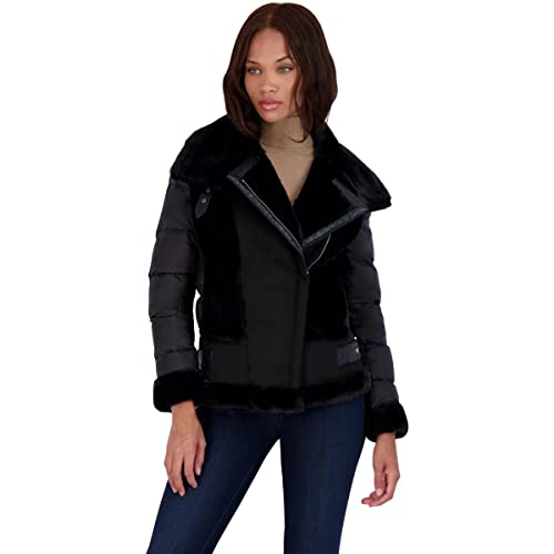 TAHARI Saylor Women's Mixed Media Faux Shearling Puffer Coat Black Size L TAHARI Saylor Women's Mixed Media Faux Shearling Puffer Coat Black Size L