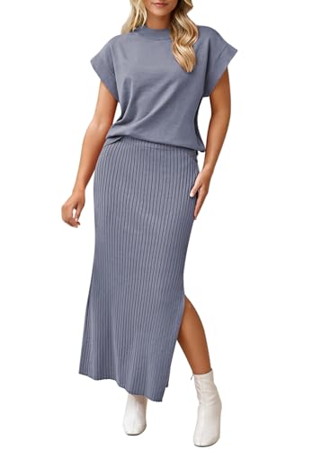 Pink Queen Women's 2 Piece Sweater Outfits Set Summer Cap Sleeve Tops Bodycon Maxi Long Skirt Knit Dresses