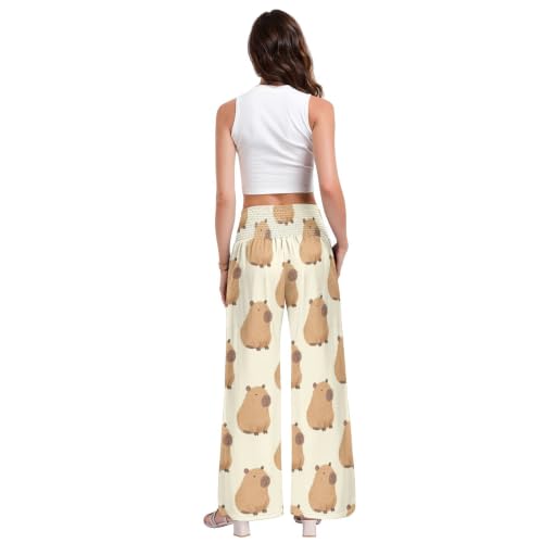 Pantalon long décontracté femme ample style palazzo taille smockée Capybaras
