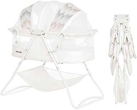 Dream On Me Karley Bassinet in Dove White, Lightweight Portable Baby Bassinet, Quick Fold and Easy to Carry, Adjustable Double Canopy, Indoor and Outdoor Bassinet with Large Storage Basket.