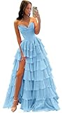 Misshow Robe Bal de Promo Femme Longue Bustier Silhouette sablier Fente Haute en Tulle Événement Formel Soirée dîner Chic Bleue L