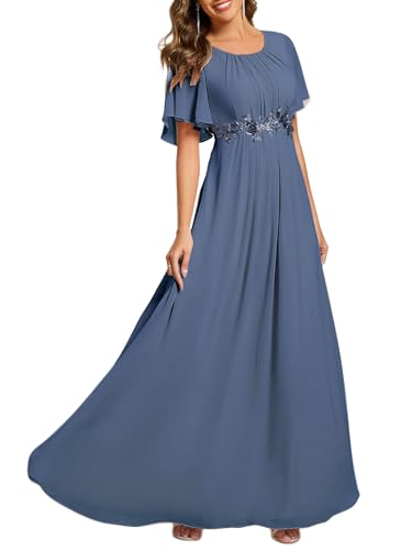 Ever-Pretty Women's Classic Round Neck Pleated Short Sleeves Chiffon Appliques Floor Length A Line Formal Evening Dresses Dusty Blue US24