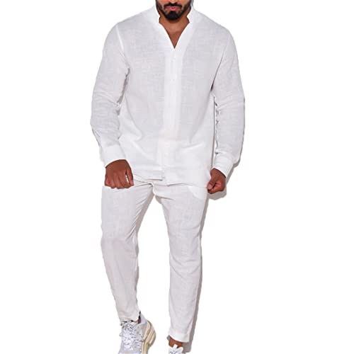 Mens Linen Drawstring Casual Suit Spring Autumnlong Sleeve Shirts and Trousers Two Piece Sets