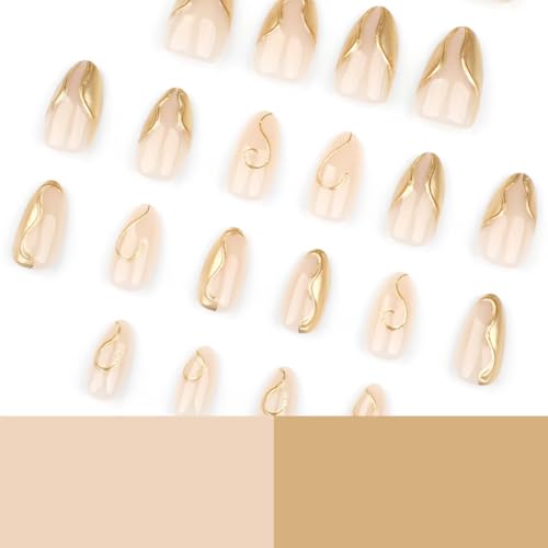 Image of Gold Nail Press ons French Tip Fake Nails with 3D Chrome Design Glossy Glue on Nails Reusable Artificial Acrylic Full Cover Nude Stick on Nail Short Almond False Nails for Women Manicure 24Pcs