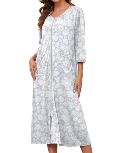 Image of Bloggerlove Zipper Front Robes for Women House Coat Half Sleeve Loungewear Long Nightgown with Pockets S-3XL
