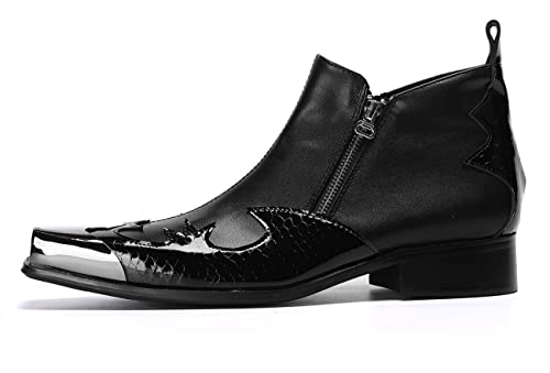 Santimon Mens Chelsea Boots Black Leather Casual Square Toe Metal Tip Zipper Shoes3