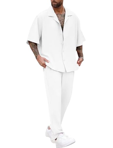 LecGee Men Solid Shirt Pants Casual Button Down Top Two Piece Set Fashion Outfit Loungewear Party Tracksuit(White,XL)