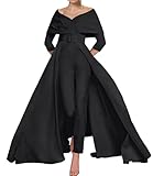 fujious Jumpsuit Elegant Party Off Shoulder Ankle Length Satin Mother of The Bride Dress with Sash/Ribbon 2024 Black