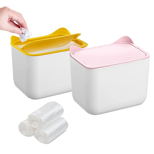 TACYKIBD 2 cubos pequeños de escritorio, mini papelera de escritorio con tapa abatible y mini papelera, 2,7 litros/0,6 galones, para el hogar, cocina, dormitorio, baño, oficina (rosa y amarillo) Cover